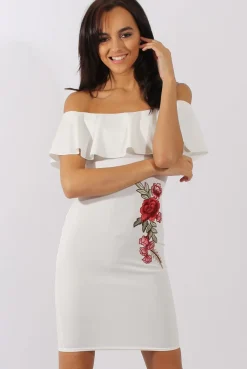 Rebellious Fashion White Bardot Frill Embroidered Dress - Jasmine