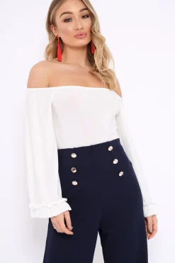 Rebellious Fashion White Bardot Frill Flare Sleeve Bodysuit - Sofiya