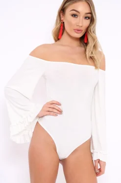 Rebellious Fashion White Bardot Frill Flare Sleeve Bodysuit - Sofiya