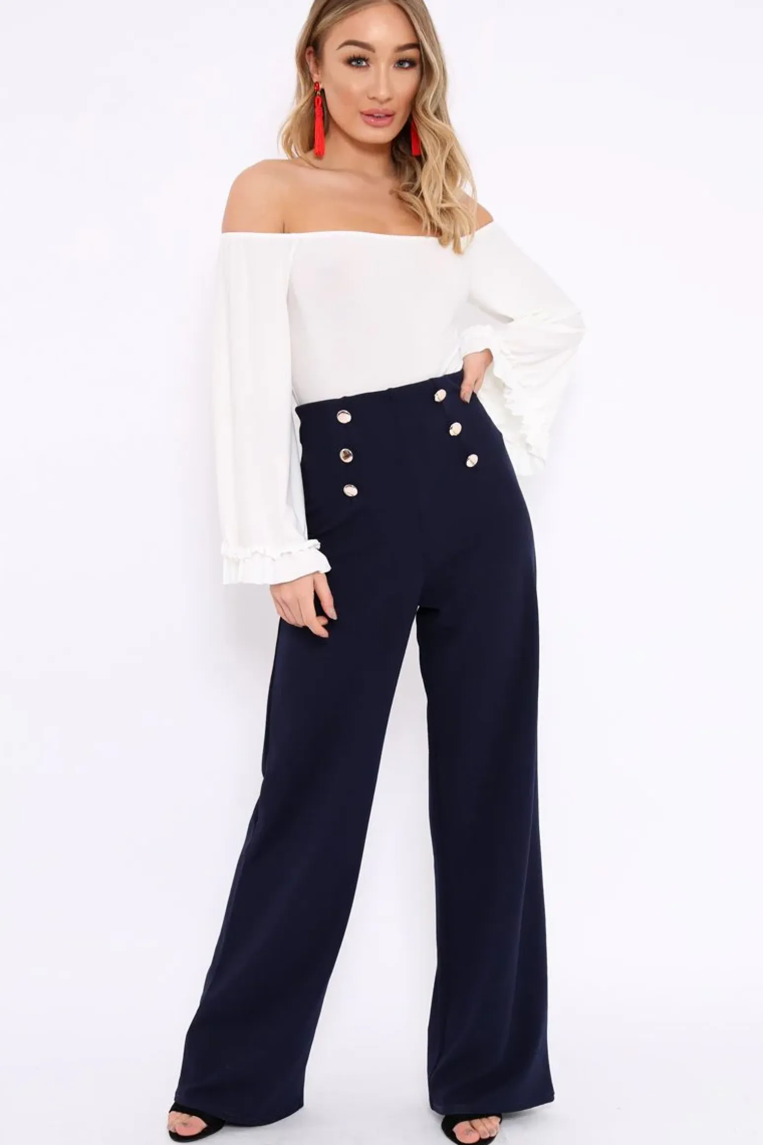 Rebellious Fashion White Bardot Frill Flare Sleeve Bodysuit - Sofiya
