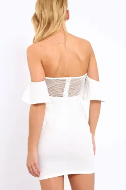 Rebellious Fashion White Bardot Frill Lace up Front Bodycon Dress - Ciceley