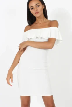 Rebellious Fashion White Bardot Frill Midi Dress - Lily