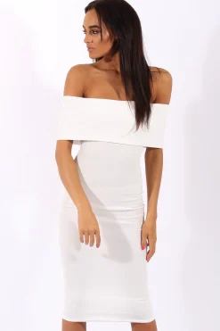 Rebellious Fashion White Bardot Frill Open Back Midi Dress - Trish