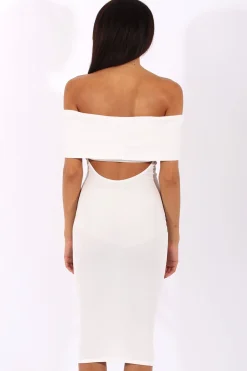Rebellious Fashion White Bardot Frill Open Back Midi Dress - Trish