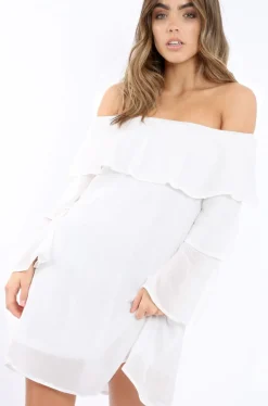 Rebellious Fashion White Bardot Frill Shift Dress - Lucina
