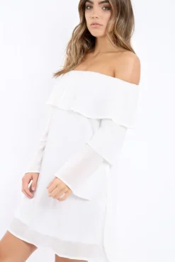 Rebellious Fashion White Bardot Frill Shift Dress - Lucina