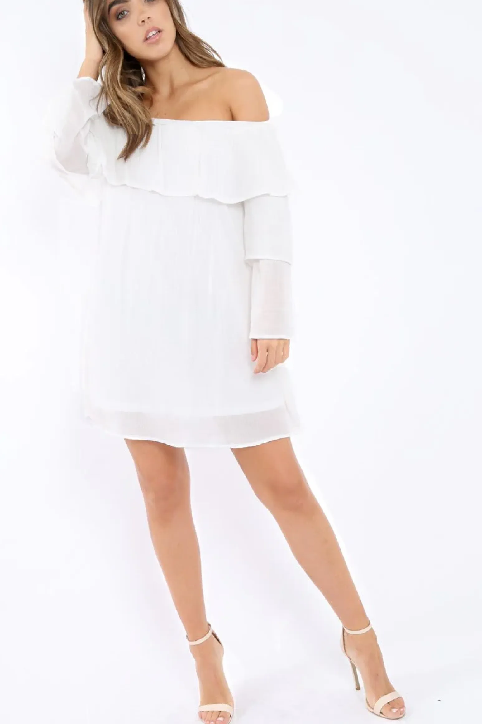 Rebellious Fashion White Bardot Frill Shift Dress - Lucina