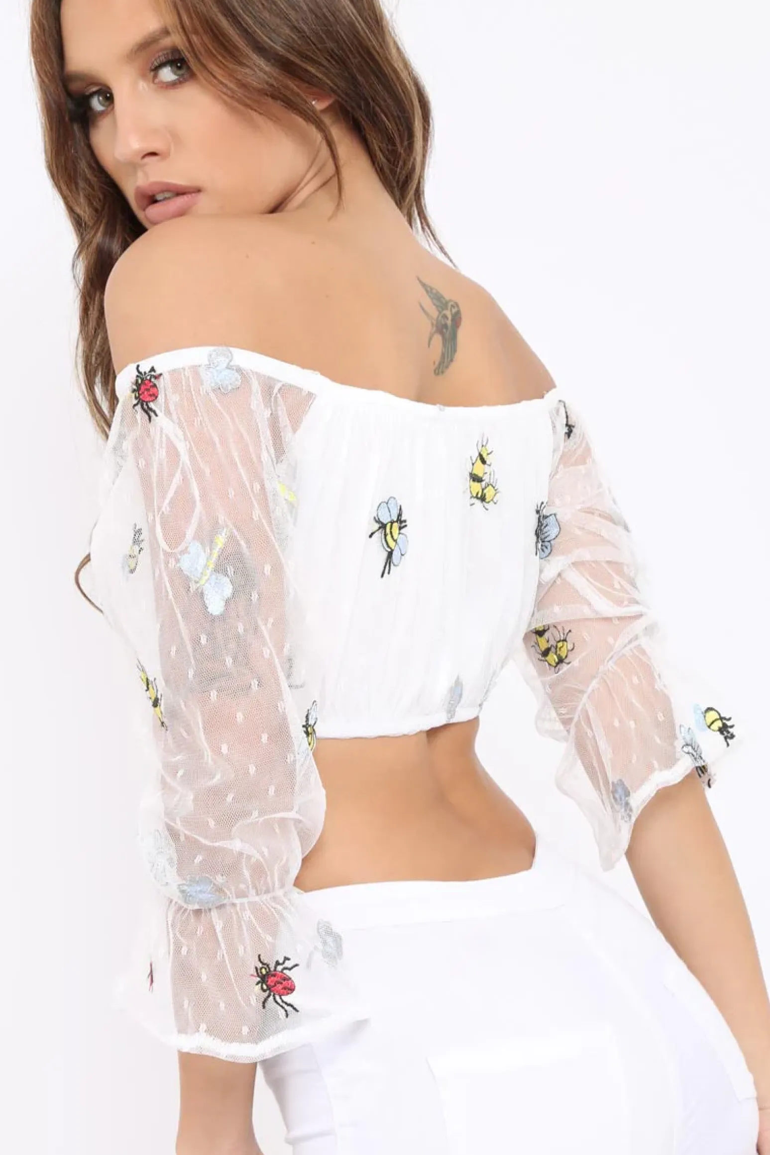 Rebellious Fashion White Bardot Insect Applique Mesh Crop Top - Tayah
