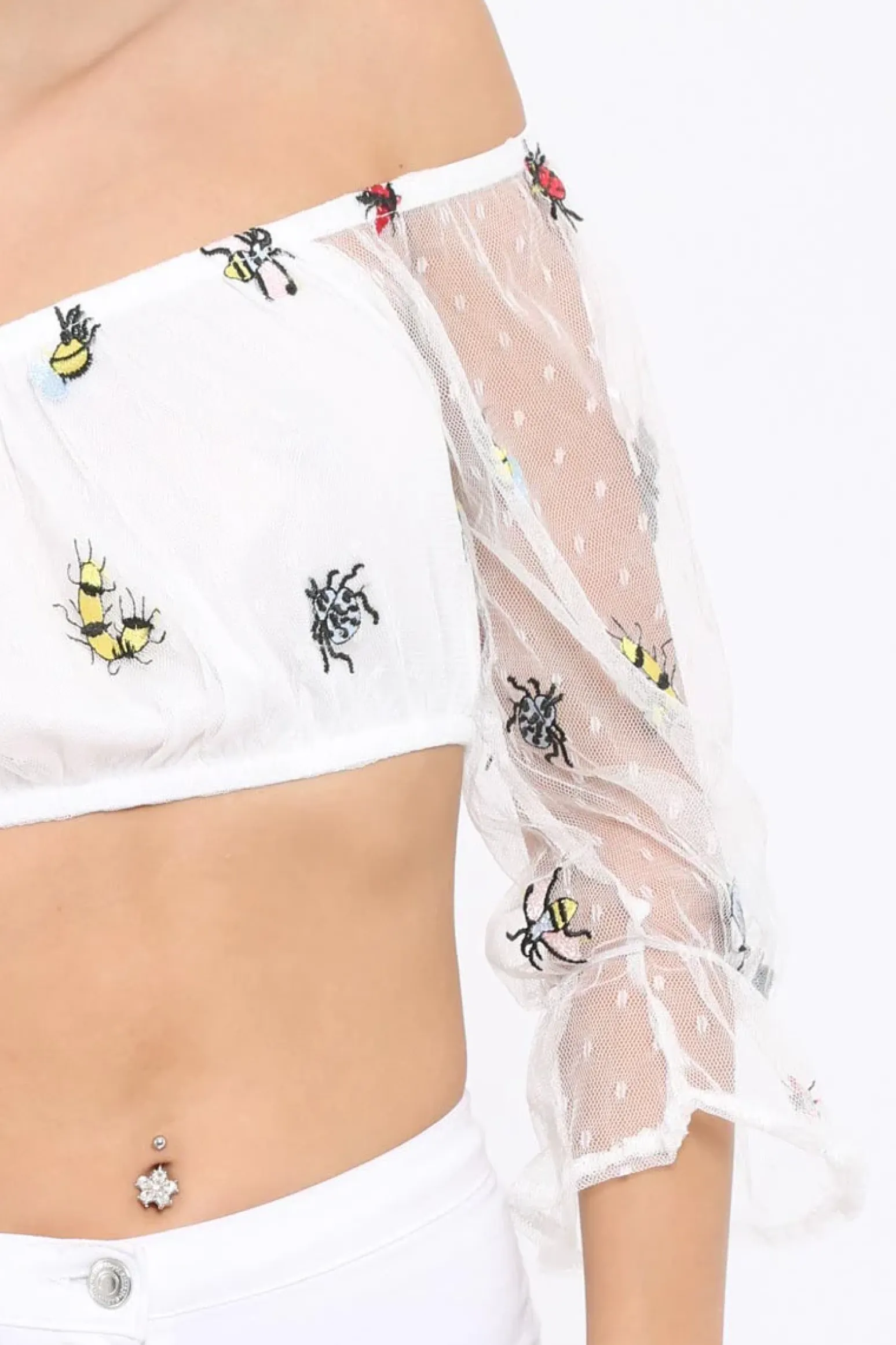 Rebellious Fashion White Bardot Insect Applique Mesh Crop Top - Tayah