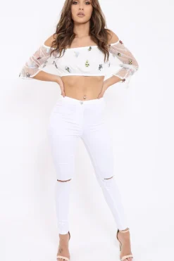 Rebellious Fashion White Bardot Insect Applique Mesh Crop Top - Tayah