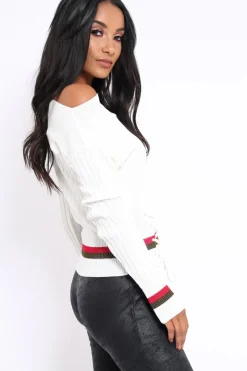 Rebellious Fashion White Bardot Jumper with Stripe and Corset Tie Detail - Sandie