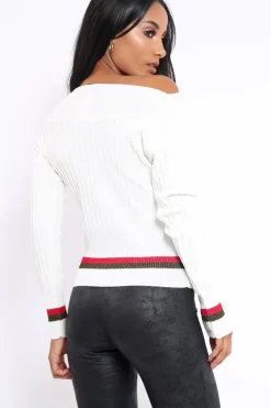 Rebellious Fashion White Bardot Jumper with Stripe and Corset Tie Detail - Sandie