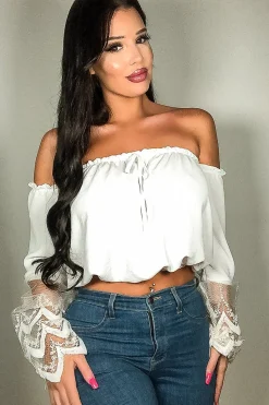 Rebellious Fashion White Bardot Mesh Lace Sleeve Tie Front Top - Mandy