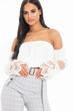 Rebellious Fashion White Bardot Mesh Lace Sleeve Tie Front Top - Mandy