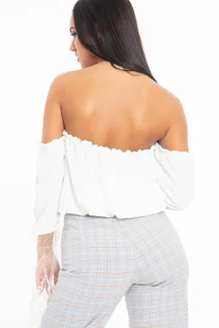 Rebellious Fashion White Bardot Mesh Lace Sleeve Tie Front Top - Mandy