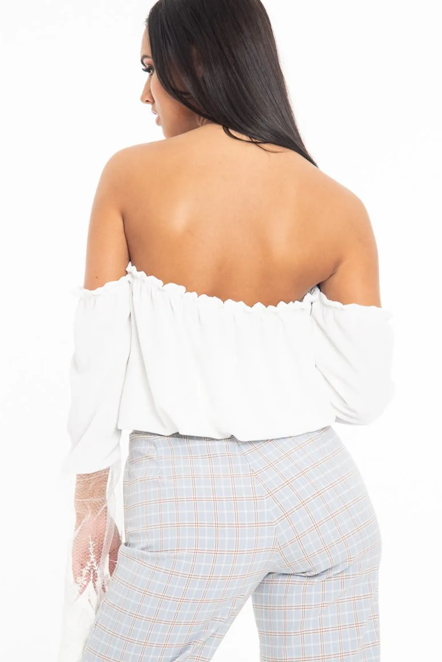 Rebellious Fashion White Bardot Mesh Lace Sleeve Tie Front Top - Mandy