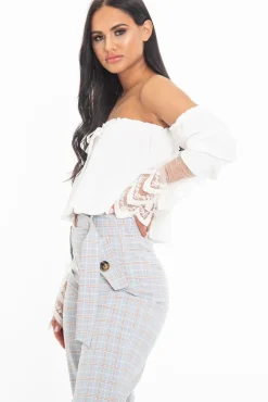 Rebellious Fashion White Bardot Mesh Lace Sleeve Tie Front Top - Mandy