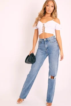 Rebellious Fashion White Bardot Milkmaid Lace Up Crop Top - Abigail