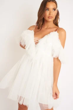 Rebellious Fashion White Bardot Off Shoulder Tulle Ruffle Dress - Aarilyn