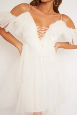 Rebellious Fashion White Bardot Off Shoulder Tulle Ruffle Dress - Aarilyn