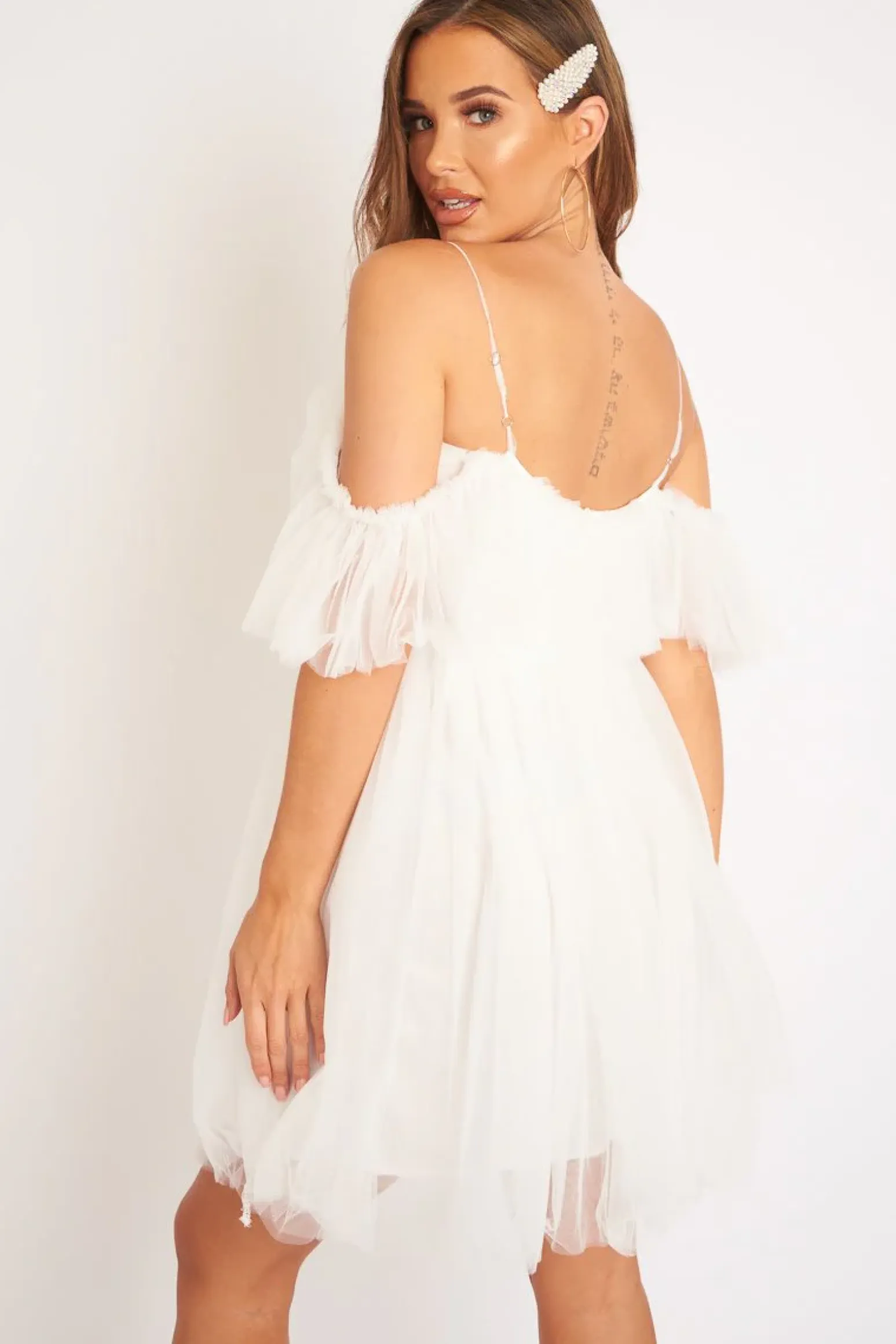 Rebellious Fashion White Bardot Off Shoulder Tulle Ruffle Dress - Aarilyn