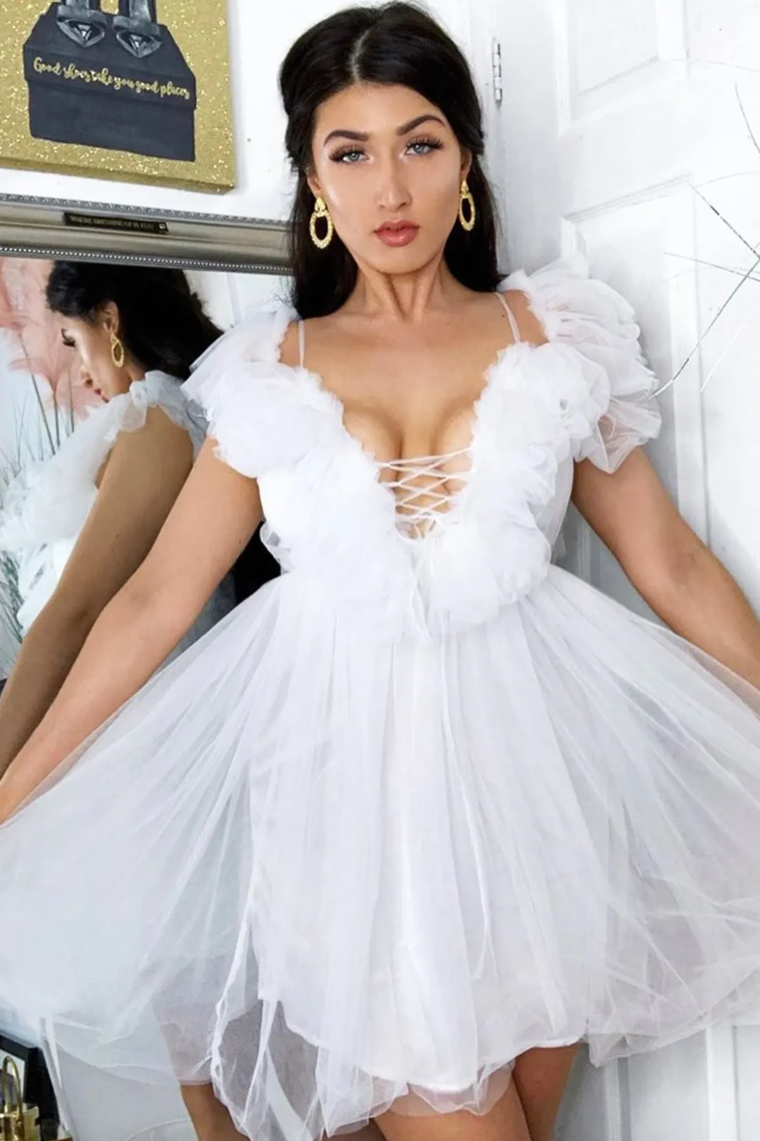 Rebellious Fashion White Bardot Off Shoulder Tulle Ruffle Dress - Aarilyn