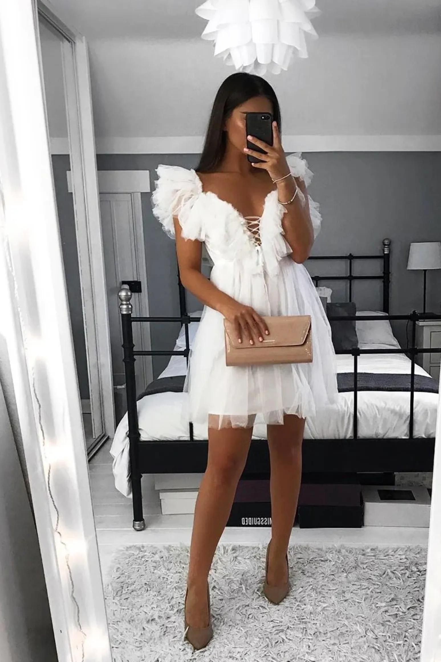 Rebellious Fashion White Bardot Off Shoulder Tulle Ruffle Dress - Aarilyn