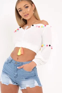 Rebellious Fashion White Bardot Pom Pom Crop Top - Zylie