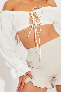 Rebellious Fashion White Bardot Puff Sleeve Tie Crop Top - Kariel