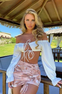 Rebellious Fashion White Bardot Puff Sleeve Tie Crop Top - Kariel