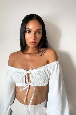 Rebellious Fashion White Bardot Puff Sleeve Tie Crop Top - Kariel