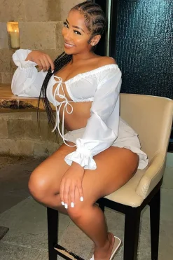 Rebellious Fashion White Bardot Puff Sleeve Tie Crop Top - Kariel