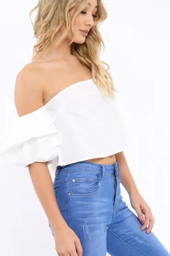 Rebellious Fashion White Bardot Ruched Sleeve Crop Top - Corinne