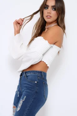 Rebellious Fashion White Bardot Shirred Crop Top with Flared Sleeves - Shera