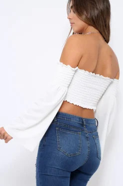 Rebellious Fashion White Bardot Shirred Crop Top with Flared Sleeves - Shera
