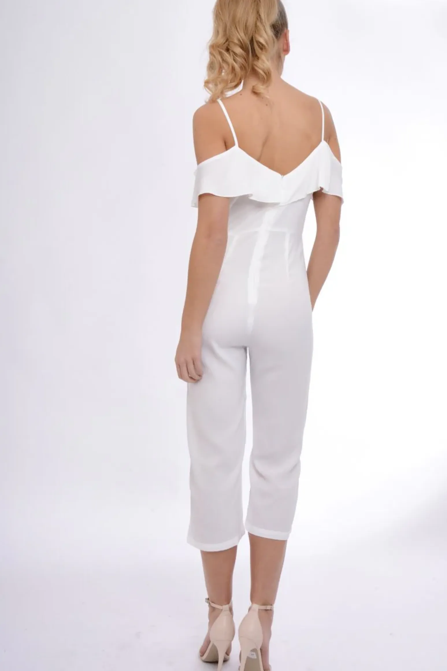 Rebellious Fashion White Bardot Strap Frill Cropped Jumpsuit - Leni