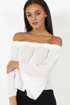 Rebellious Fashion White Bardot Three Quarter Bell Sleeve Crop- Chantelle