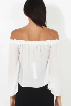 Rebellious Fashion White Bardot Three Quarter Bell Sleeve Crop- Chantelle