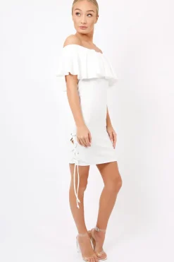 Rebellious Fashion White Bardot Tie Up Eyelet Dress - Myra