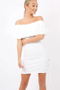 Rebellious Fashion White Bardot Tie Up Eyelet Dress - Myra