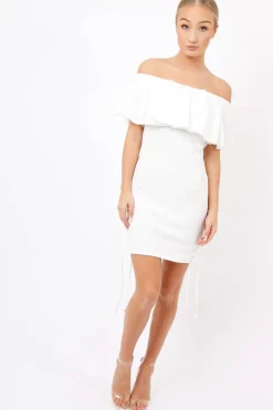 Rebellious Fashion White Bardot Tie Up Eyelet Dress - Myra