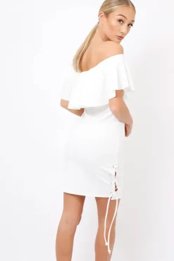 Rebellious Fashion White Bardot Tie Up Eyelet Dress - Myra