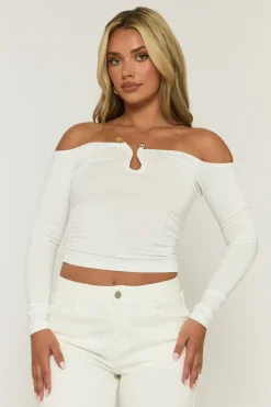 Rebellious Fashion White Bead Trim Long Sleeve Top - Verity