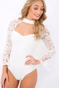 Rebellious Fashion White Bell Sleeve Lace Insert Choker Bodysuit - Evie