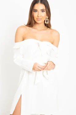 Rebellious Fashion White Belted Bardot Skater Dress - Jencie