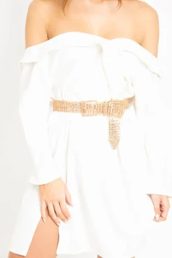 Rebellious Fashion White Belted Bardot Skater Dress - Jencie