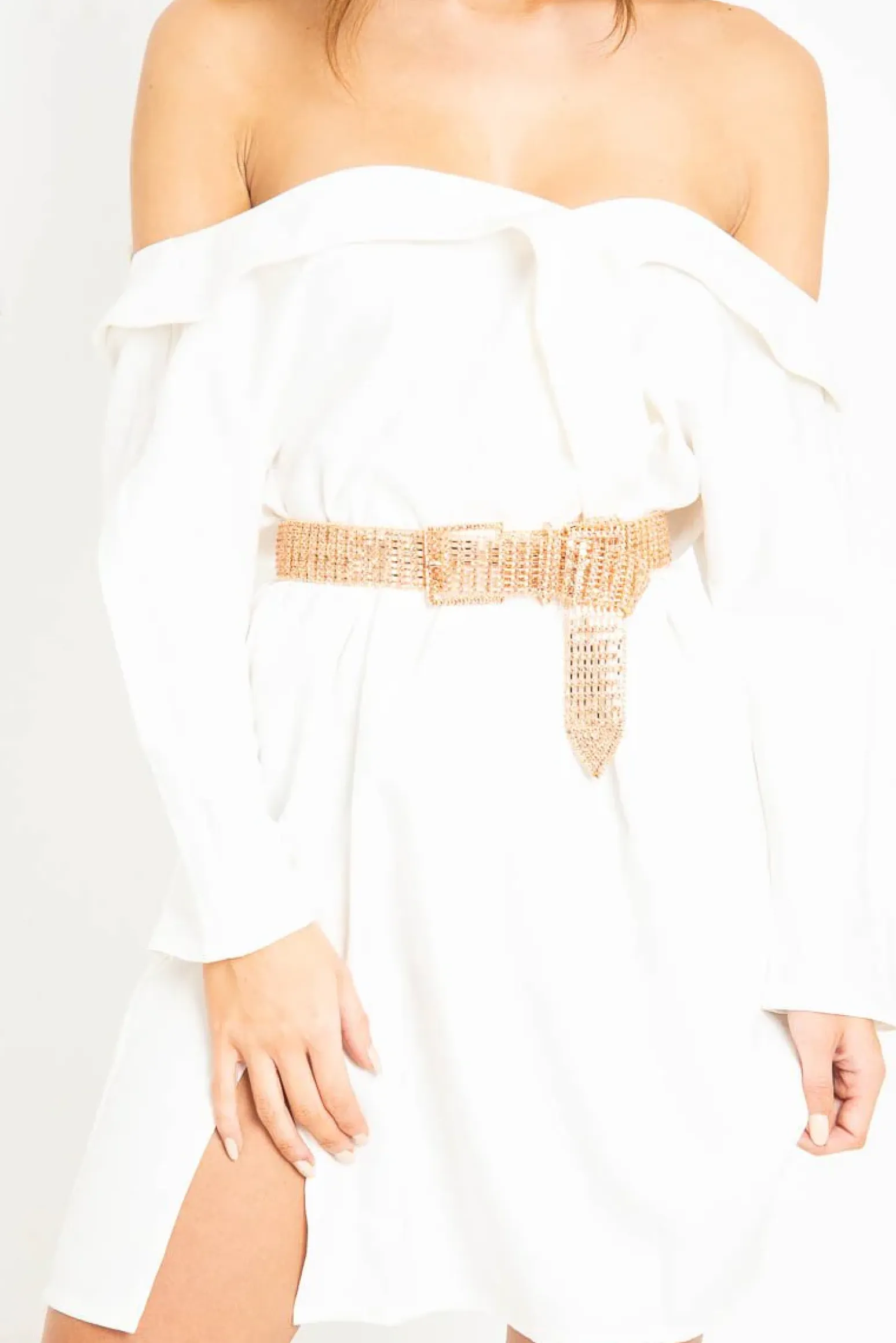 Rebellious Fashion White Belted Bardot Skater Dress - Jencie