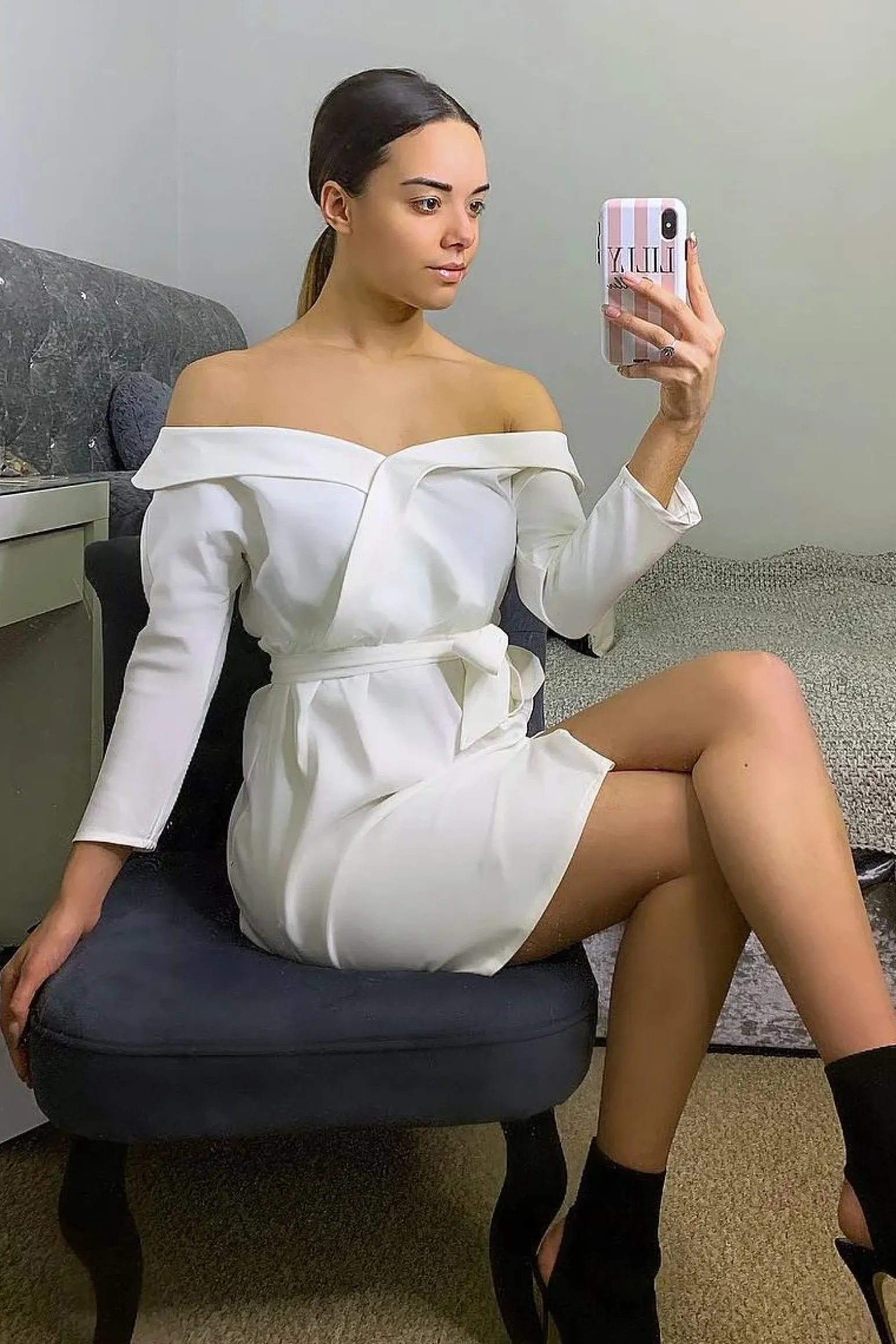 Rebellious Fashion White Belted Bardot Skater Dress - Jencie