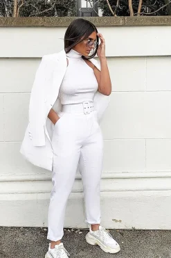 Rebellious Fashion White Belted Tapered Peg Trousers - Jessika