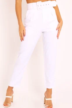 Rebellious Fashion White Belted Tapered Peg Trousers - Jessika